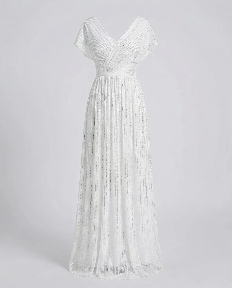 Damen bodenlanges V-Ausschnitt-Abendkleid aus Glanztüll