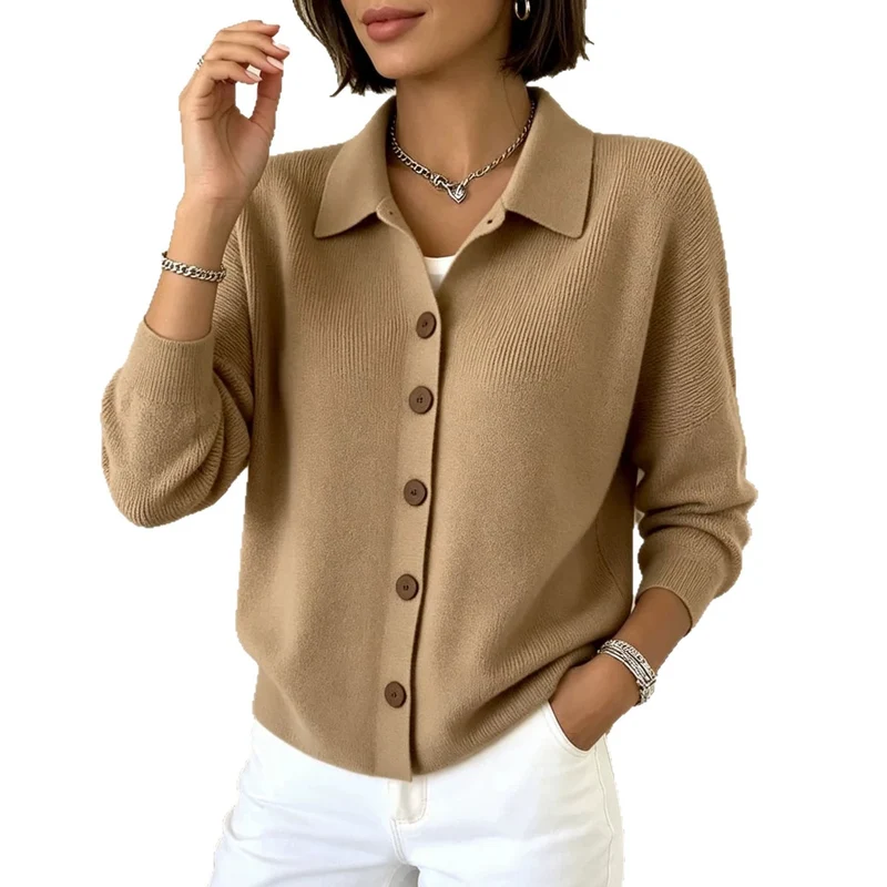 Damen Feinstrick-Cardigan mit Hemdkragen, entspannter Silhouette und Holzknöpfen Drune