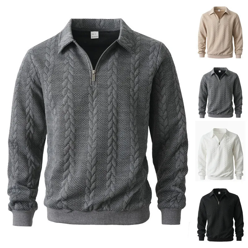 Herren nan Halbzip-Pullover mit Kentkragen, Zopfstrickstruktur und geripptem Saum Drune