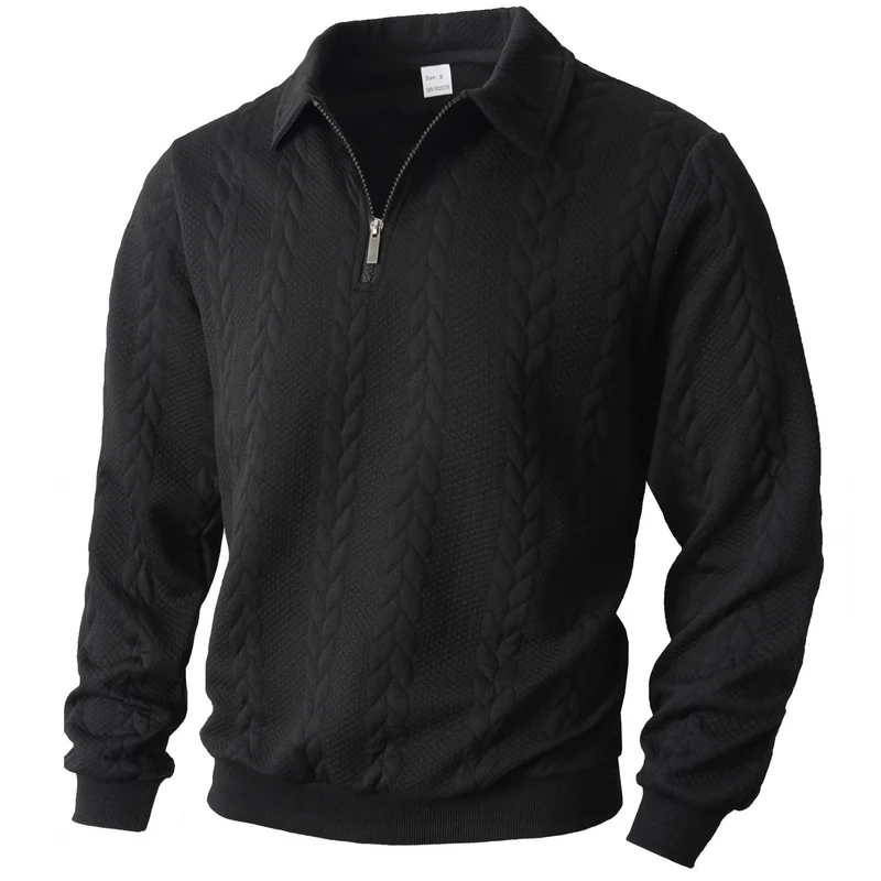 Herren nan Halbzip-Pullover mit Kentkragen, Zopfstrickstruktur und geripptem Saum Drune