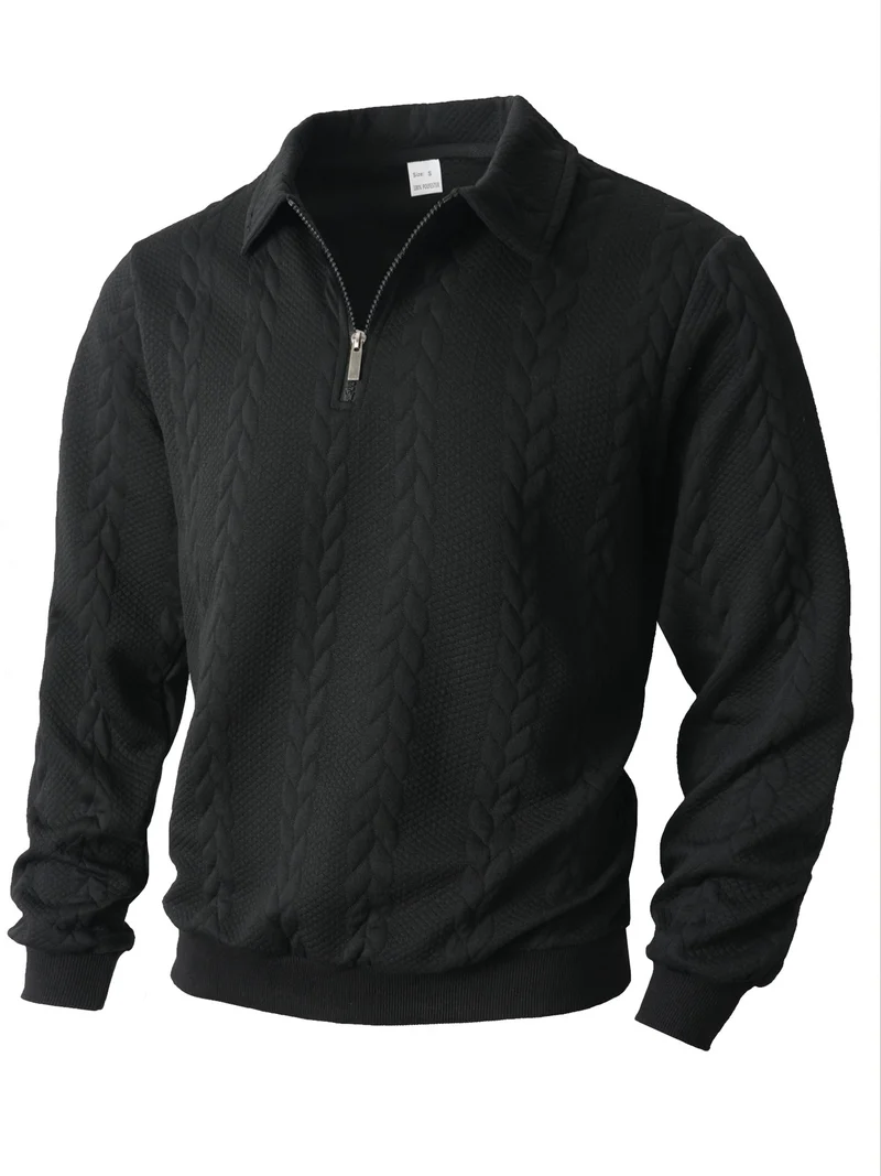 Herren nan Halbzip-Pullover mit Kentkragen, Zopfstrickstruktur und geripptem Saum Drune