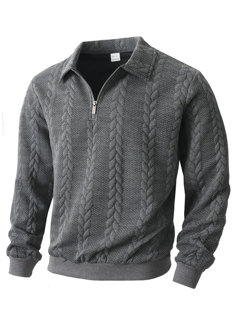 Herren nan Halbzip-Pullover mit Kentkragen, Zopfstrickstruktur und geripptem Saum Drune