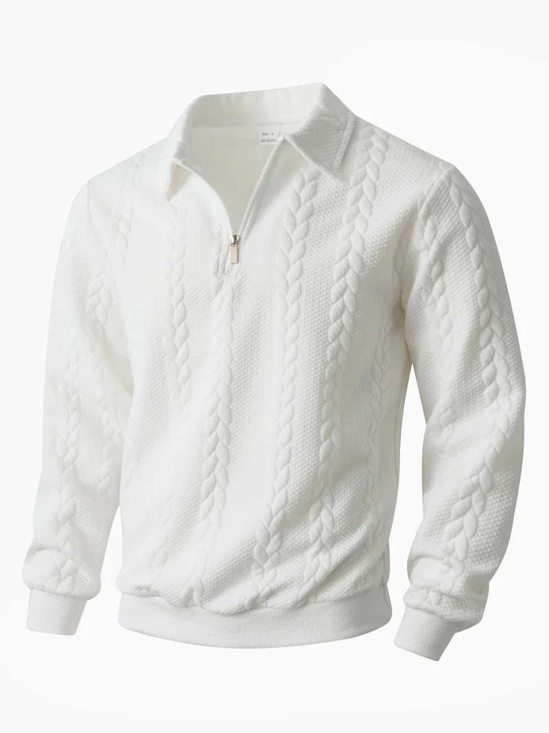 Herren nan Halbzip-Pullover mit Kentkragen, Zopfstrickstruktur und geripptem Saum Drune