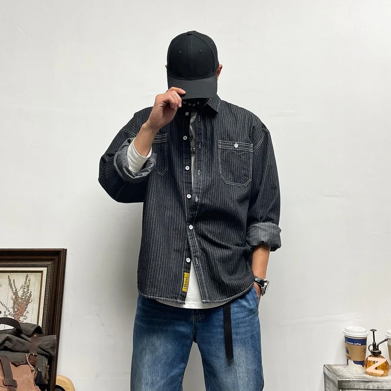 Herren Lässige Denim-Hemdjacke mit Streifen Drune