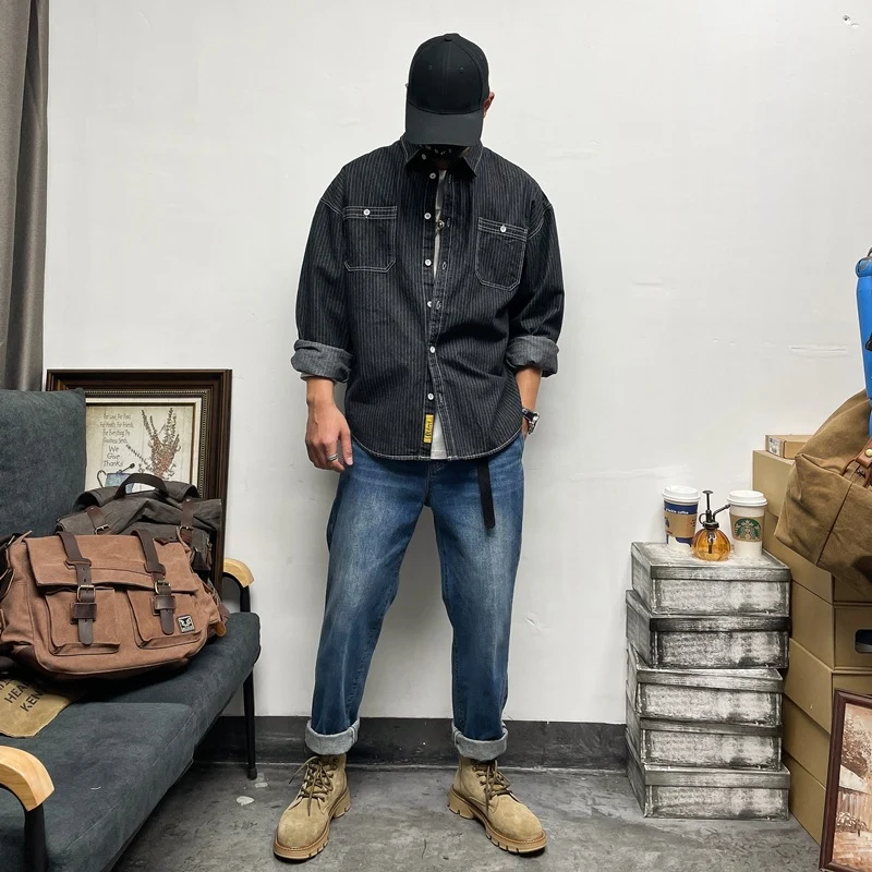 Herren Lässige Denim-Hemdjacke mit Streifen Drune