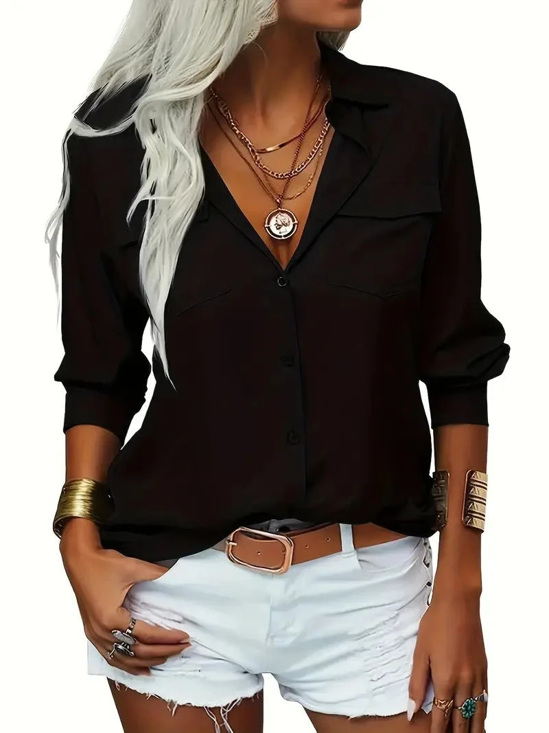 Damen lässige Bluse mit Taschen Drune