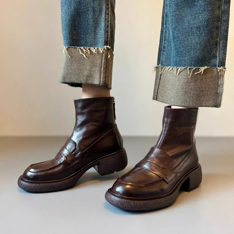 Damen Ankle‑Loafer‑Stiefelette aus Nappaleder mit sculpted Plateau‑Blockabsatz Drune
