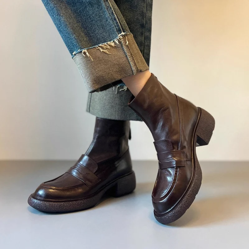 Damen Ankle‑Loafer‑Stiefelette aus Nappaleder mit sculpted Plateau‑Blockabsatz Drune