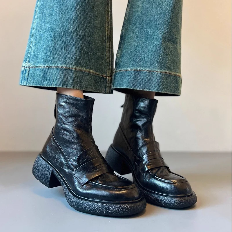 Damen Ankle‑Loafer‑Stiefelette aus Nappaleder mit sculpted Plateau‑Blockabsatz Drune