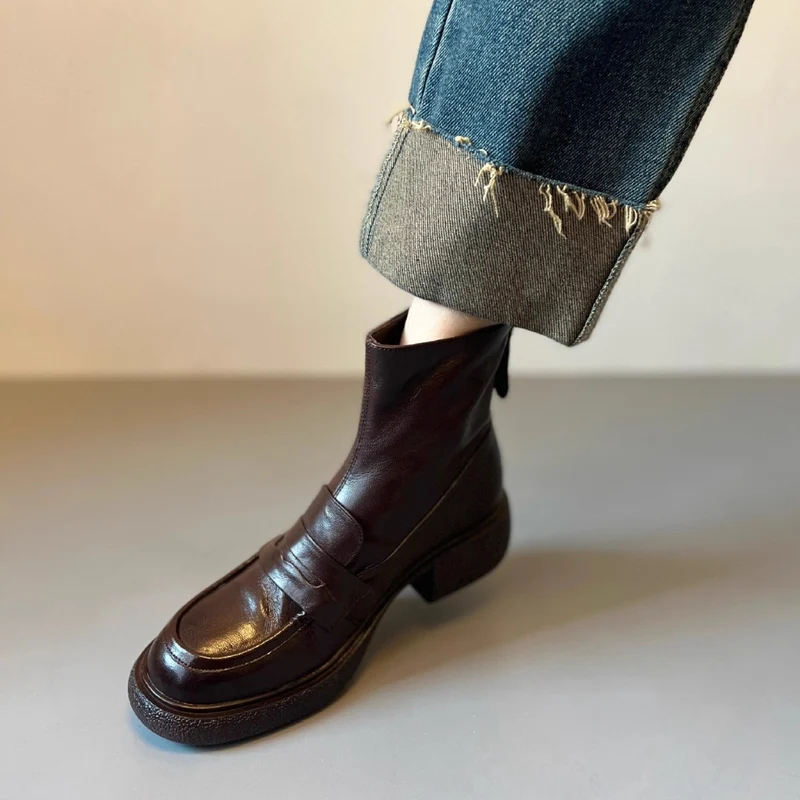Damen Ankle‑Loafer‑Stiefelette aus Nappaleder mit sculpted Plateau‑Blockabsatz Drune
