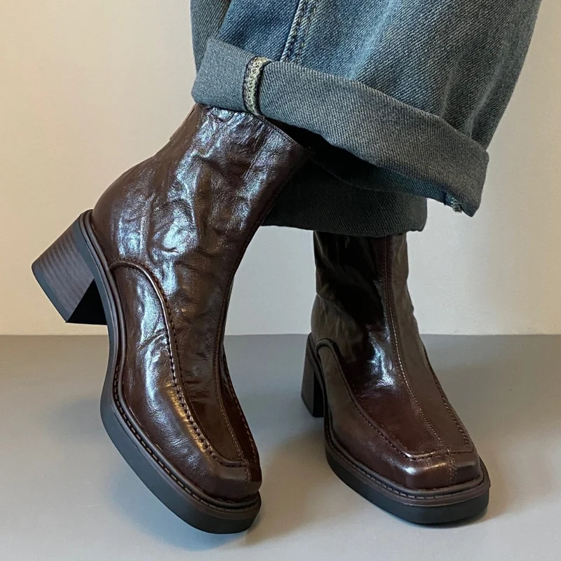 Damen Ankle-Boots im Mokassin‑Moccasin‑Look mit mittlerem Blockabsatz und Rückreißverschluss Drune