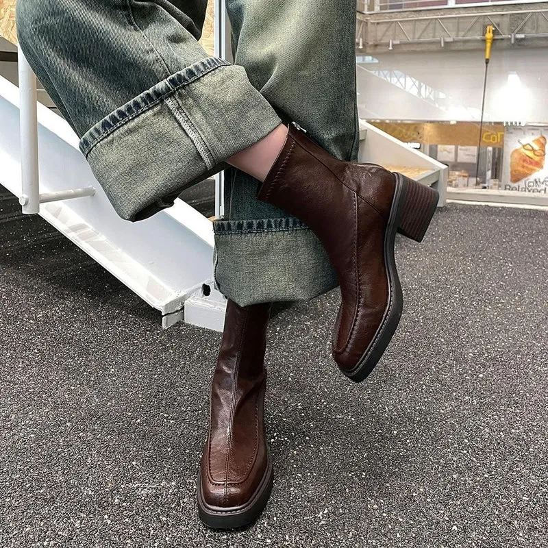 Damen Ankle-Boots im Mokassin‑Moccasin‑Look mit mittlerem Blockabsatz und Rückreißverschluss Drune