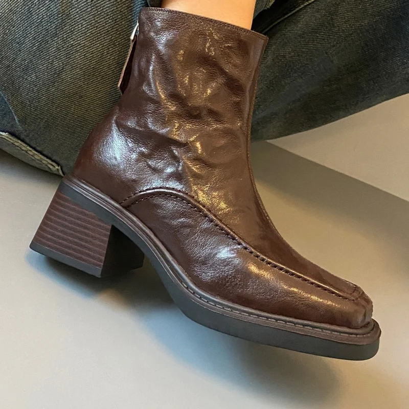Damen Ankle-Boots im Mokassin‑Moccasin‑Look mit mittlerem Blockabsatz und Rückreißverschluss Drune