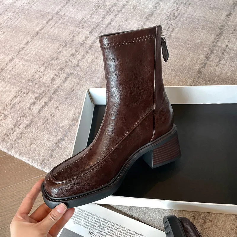 Damen Ankle-Boots im Mokassin‑Moccasin‑Look mit mittlerem Blockabsatz und Rückreißverschluss Drune
