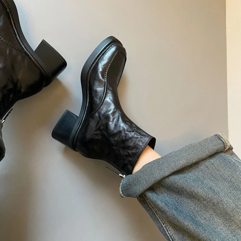 Damen Ankle-Boots im Mokassin‑Moccasin‑Look mit mittlerem Blockabsatz und Rückreißverschluss Drune