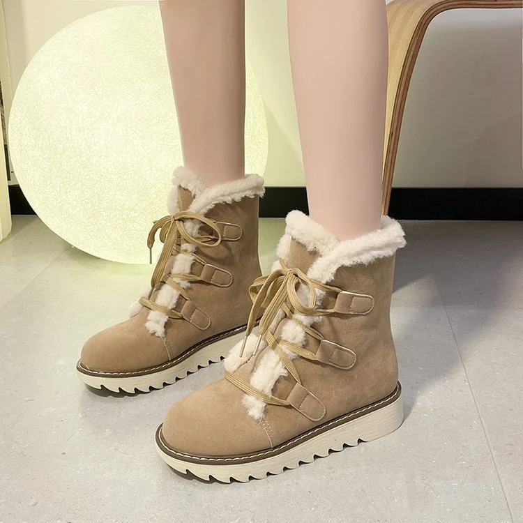 Damen Winterliche Schnür-Boots im Trekking‑Look mit Teddyfutter und gezahnter Keilsohle Drune