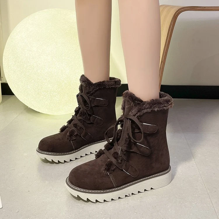 Damen Winterliche Schnür-Boots im Trekking‑Look mit Teddyfutter und gezahnter Keilsohle Drune