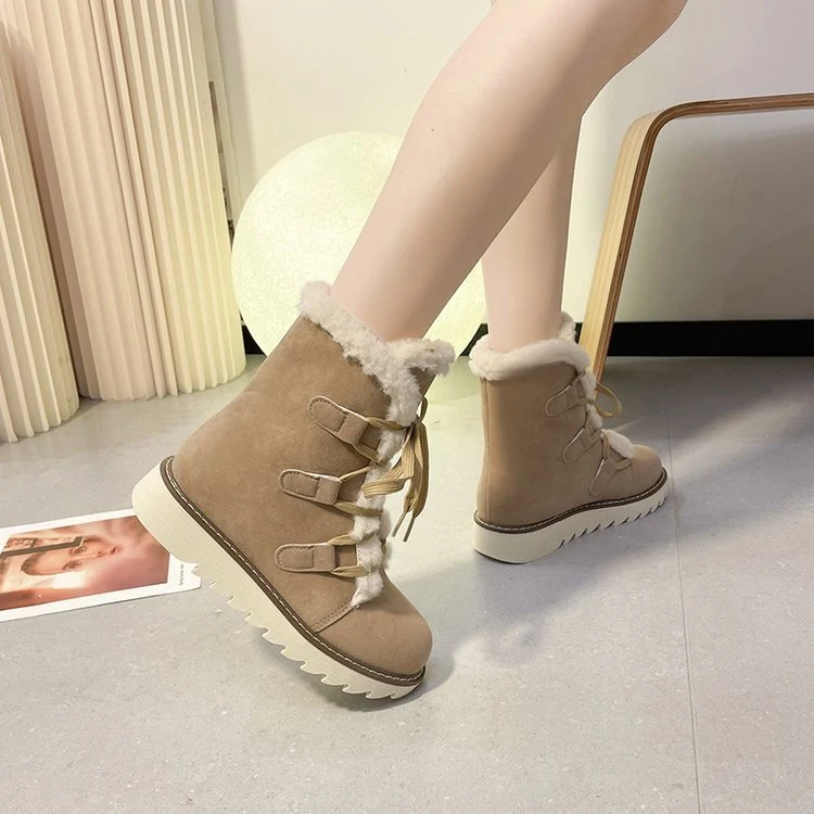 Damen Winterliche Schnür-Boots im Trekking‑Look mit Teddyfutter und gezahnter Keilsohle Drune
