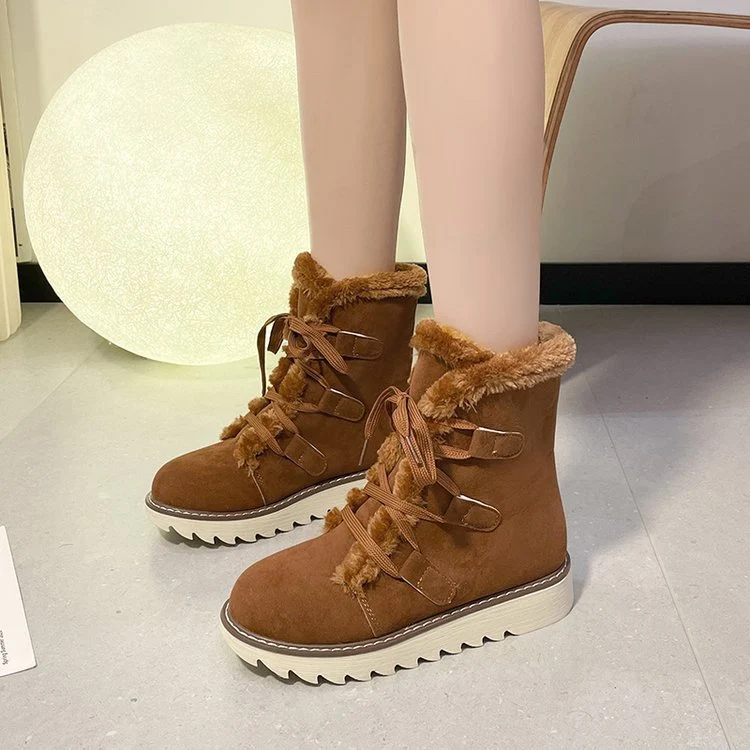 Damen Winterliche Schnür-Boots im Trekking‑Look mit Teddyfutter und gezahnter Keilsohle Drune