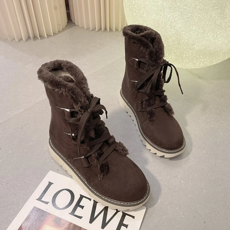 Damen Winterliche Schnür-Boots im Trekking‑Look mit Teddyfutter und gezahnter Keilsohle Drune