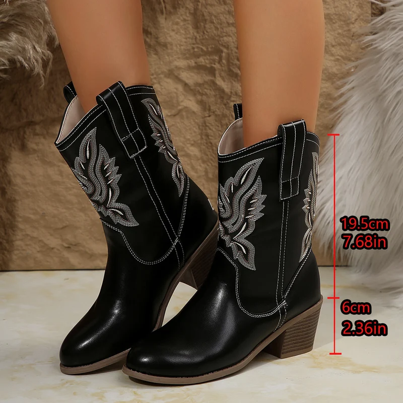 Damen Western-Stiefelette mit besticktem Schaft und mittlerem Blockabsatz Drune