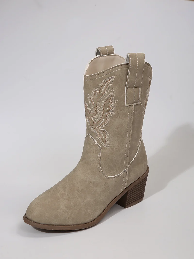 Damen Western-Stiefelette mit besticktem Schaft und mittlerem Blockabsatz Drune