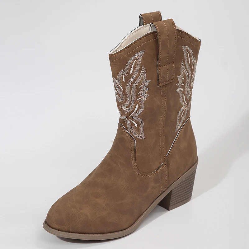 Damen Western-Stiefelette mit besticktem Schaft und mittlerem Blockabsatz Drune
