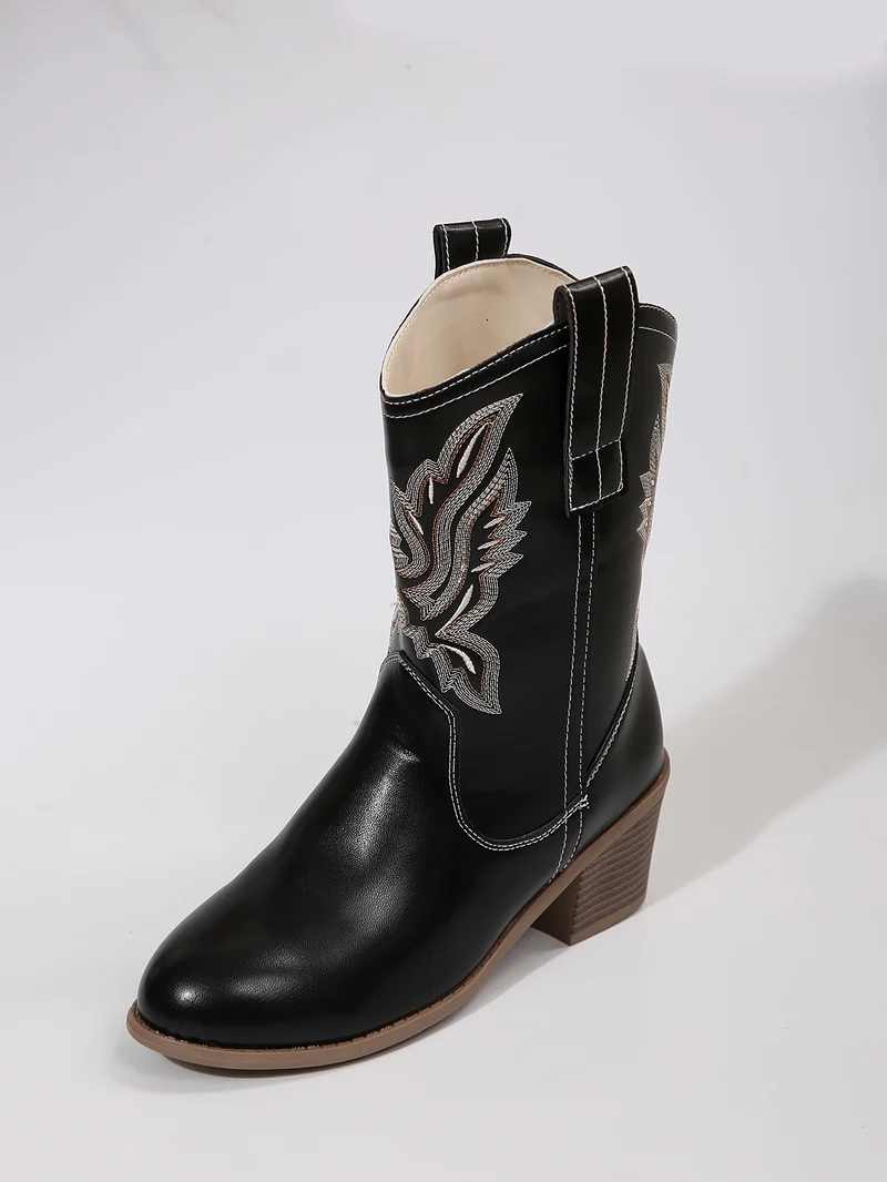 Damen Western-Stiefelette mit besticktem Schaft und mittlerem Blockabsatz Drune