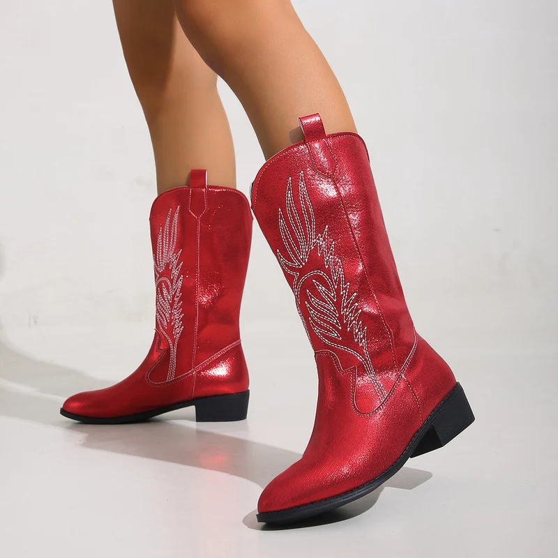 Damen Western-Stiefel mit Stickerei und mittlerem Blockabsatz Drune