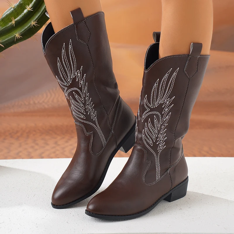 Damen Western-Stiefel mit Stickerei und mittlerem Blockabsatz Drune
