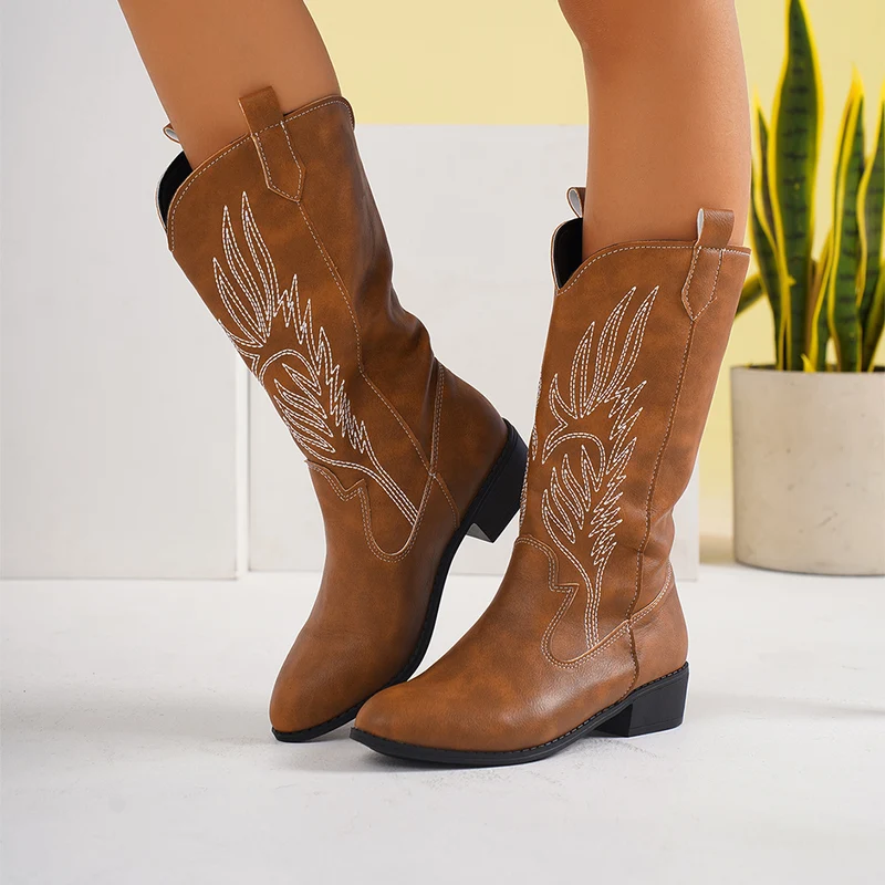 Damen Western-Stiefel mit Stickerei und mittlerem Blockabsatz Drune