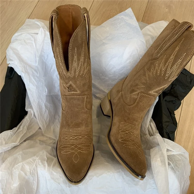 Damen Western-Cowboystiefel aus Veloursleder mit formstabilem Blockabsatz Drune