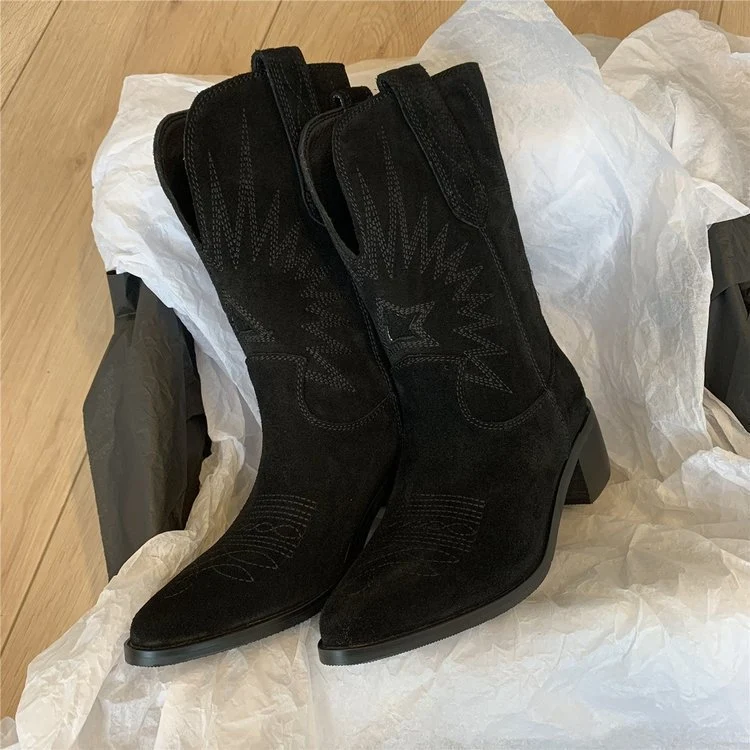 Damen Western-Cowboystiefel aus Veloursleder mit formstabilem Blockabsatz Drune