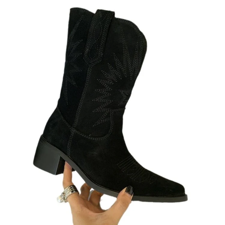 Damen Western-Cowboystiefel aus Veloursleder mit formstabilem Blockabsatz Drune