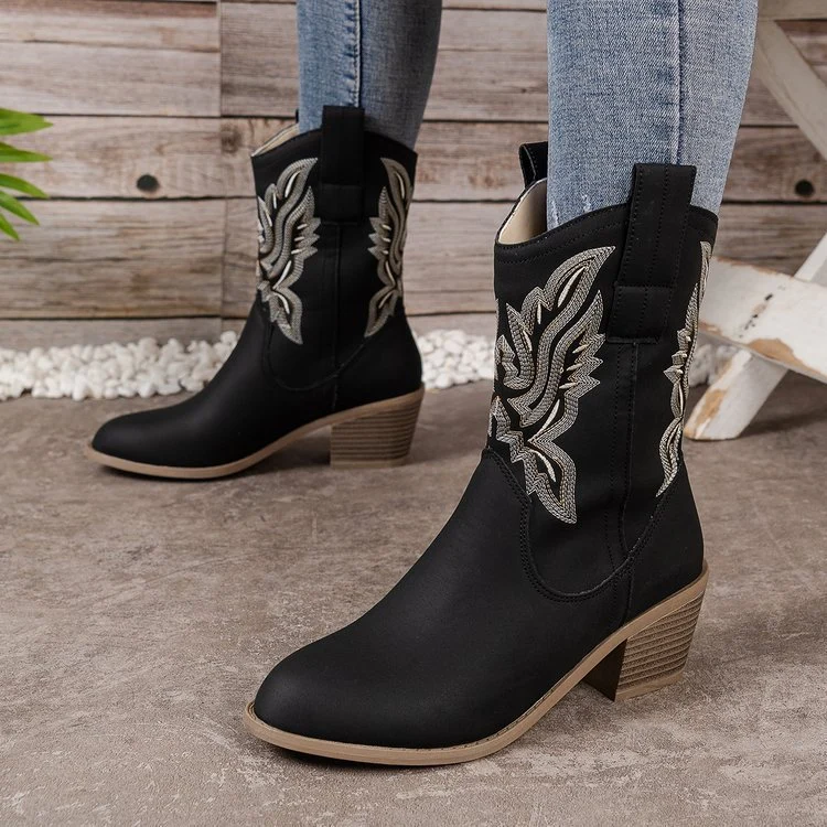 Damen Western-Boots im Vintage-Stil mit Stickerei, Schlupfprofil und leichtem Blockabsatz Drune