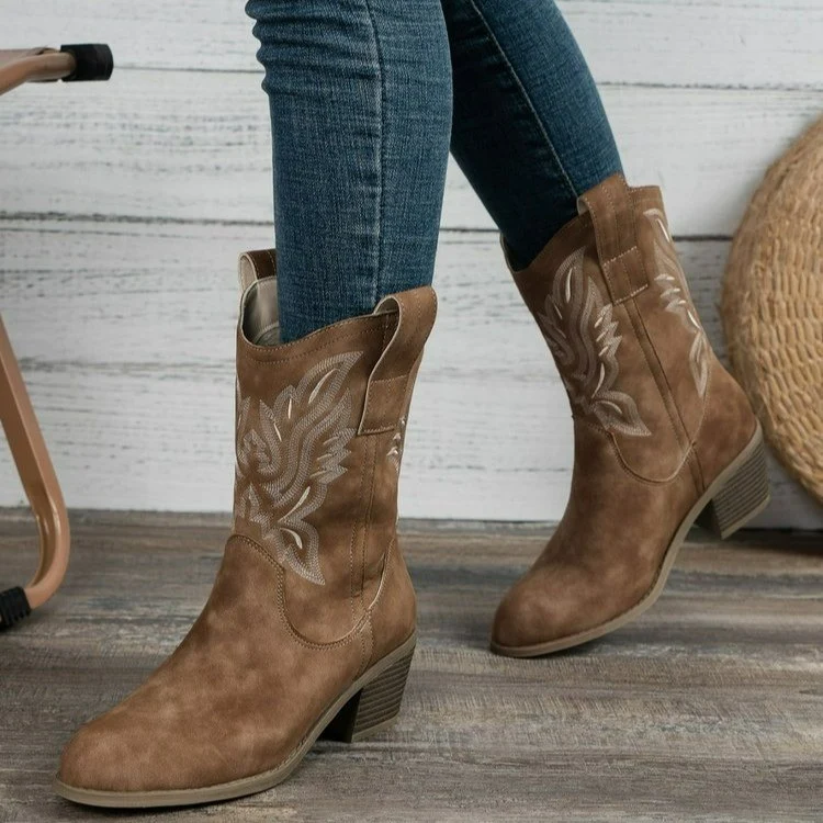 Damen Western-Boots im Vintage-Stil mit Stickerei, Schlupfprofil und leichtem Blockabsatz Drune