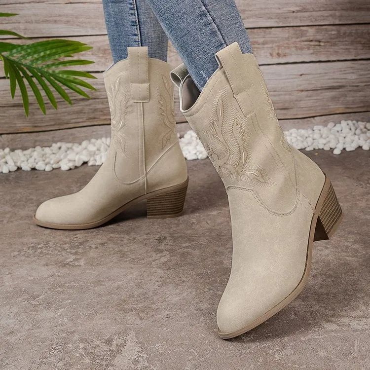 Damen Western-Boots im Vintage-Stil mit Stickerei, Schlupfprofil und leichtem Blockabsatz Drune
