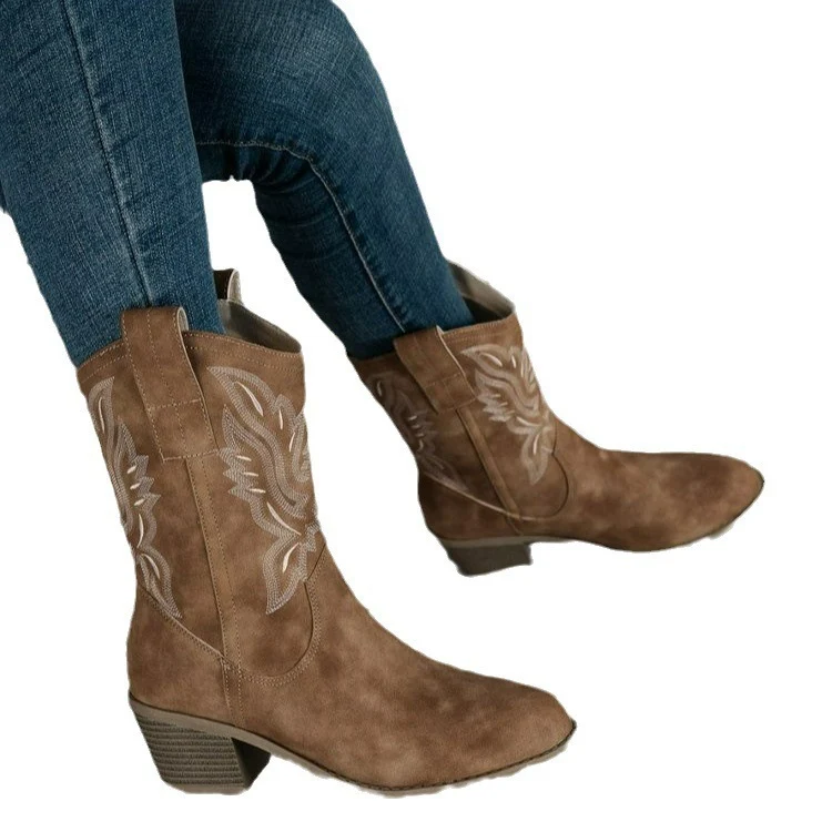 Damen Western-Boots im Vintage-Stil mit Stickerei, Schlupfprofil und leichtem Blockabsatz Drune