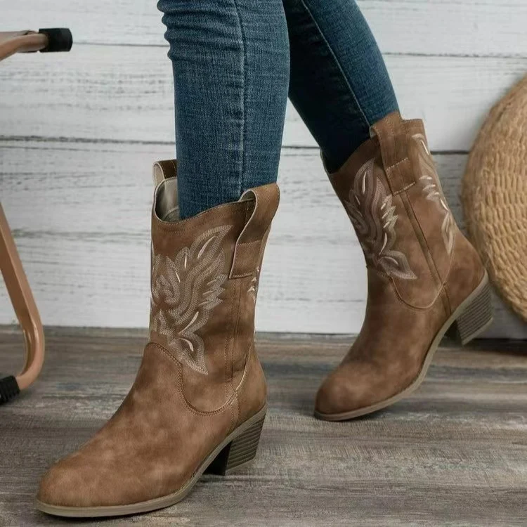 Damen Western-Boots im Vintage-Stil mit Stickerei, Schlupfprofil und leichtem Blockabsatz Drune