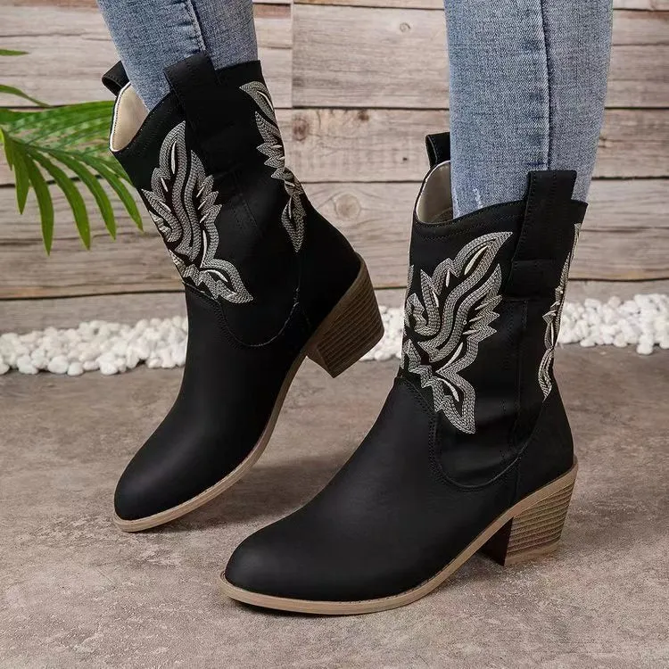 Damen Western-Boots im Vintage-Stil mit Stickerei, Schlupfprofil und leichtem Blockabsatz Drune