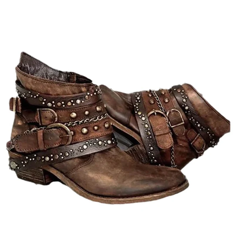 Damen Western‑Ankleboots mit dekorativen Schnallenriemen, Nieten und Ketten Drune