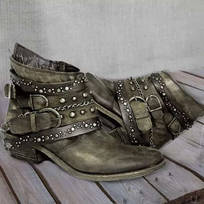 Damen Western‑Ankleboots mit dekorativen Schnallenriemen, Nieten und Ketten Drune