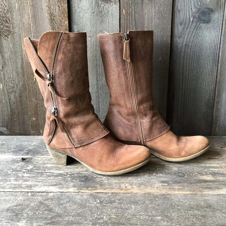 Damen Wadenhohe Western‑Stiefel aus Veloursimitat mit dekorativen Reißverschlüssen und niedrigem Blockabsatz Drune
