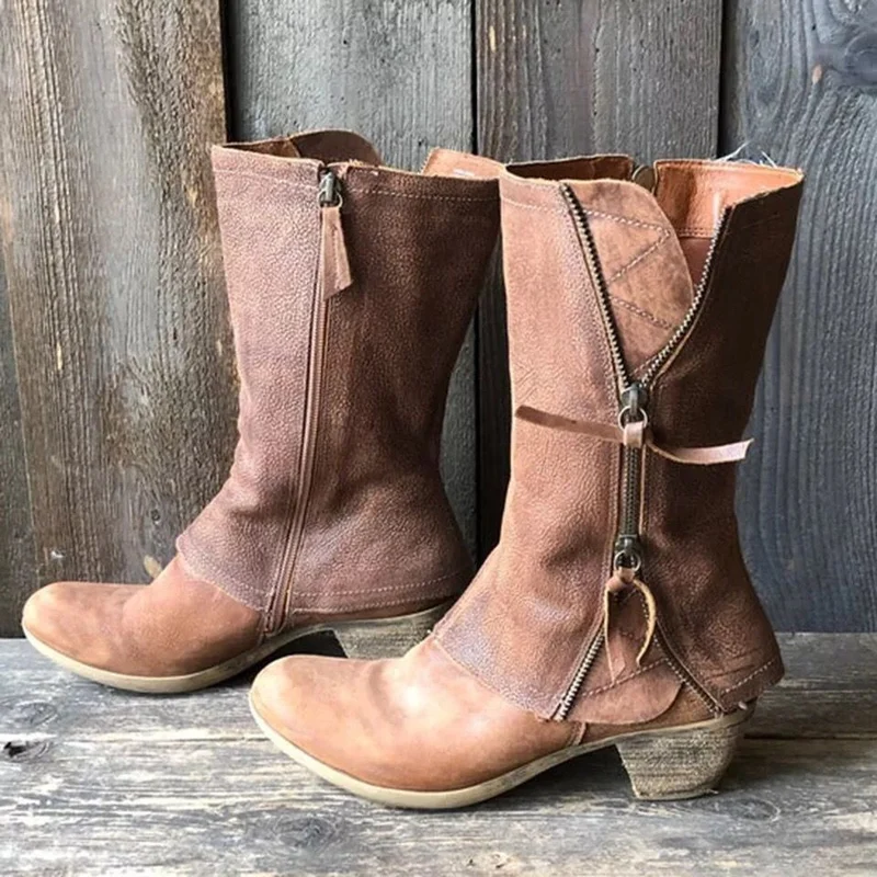 Damen Wadenhohe Western‑Stiefel aus Veloursimitat mit dekorativen Reißverschlüssen und niedrigem Blockabsatz Drune