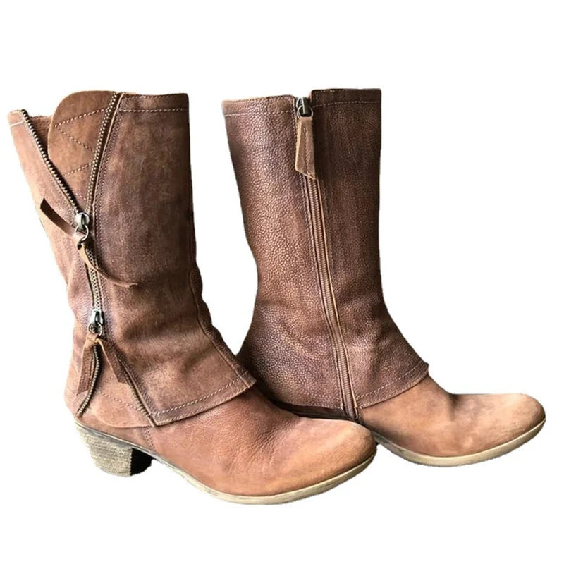 Damen Wadenhohe Western‑Stiefel aus Veloursimitat mit dekorativen Reißverschlüssen und niedrigem Blockabsatz Drune