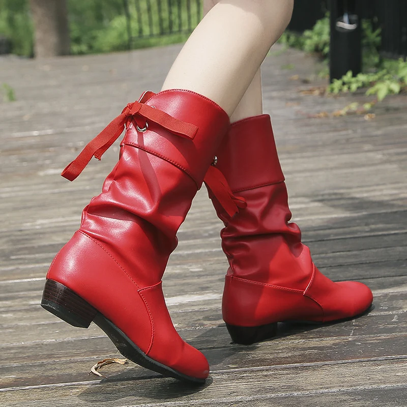 Damen Wadenhohe Stiefel mit gerafftem Schaft, Satin‑Schleife und niedrigem Blockabsatz Drune