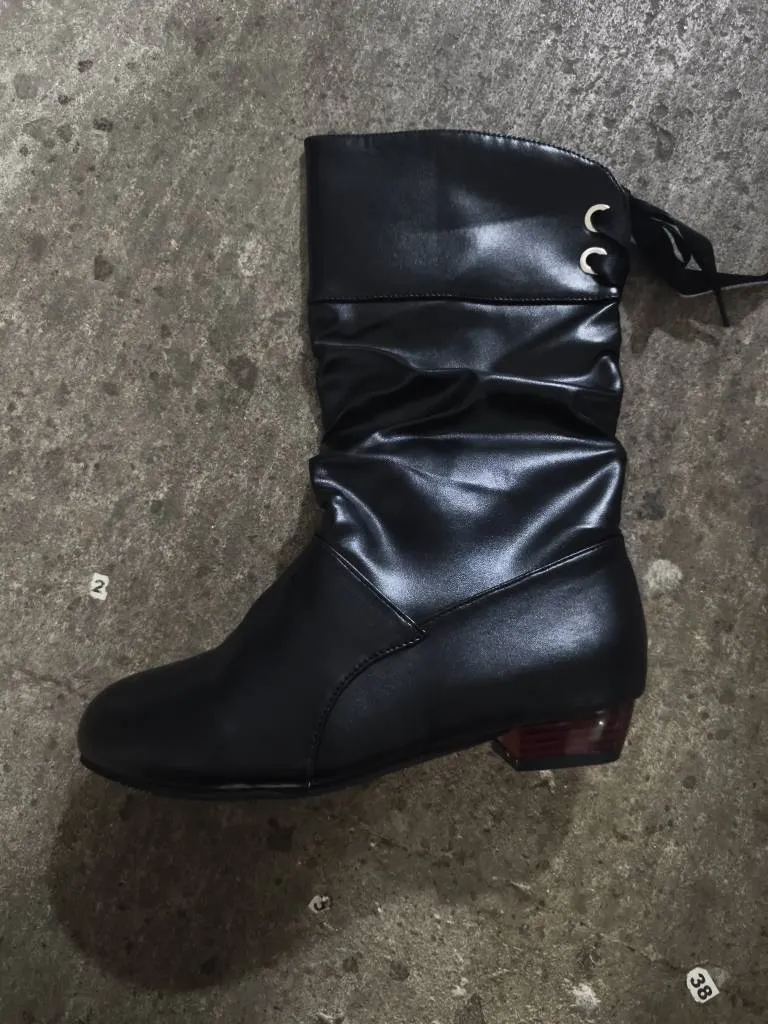Damen Wadenhohe Stiefel mit gerafftem Schaft, Satin‑Schleife und niedrigem Blockabsatz Drune