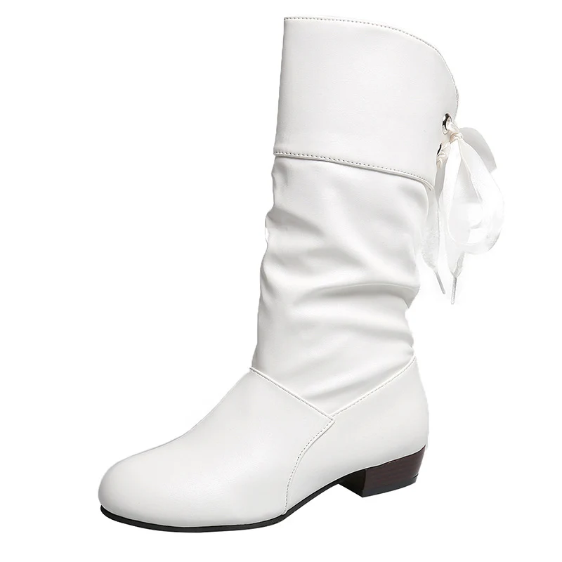 Damen Wadenhohe Stiefel mit gerafftem Schaft, Satin‑Schleife und niedrigem Blockabsatz Drune