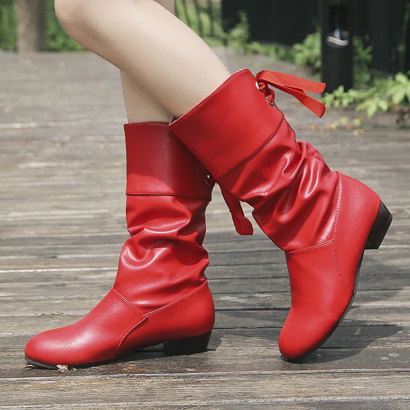 Damen Wadenhohe Slouch‑Stiefel mit dekorativem Satinschnürband und niedrigem Blockabsatz Drune