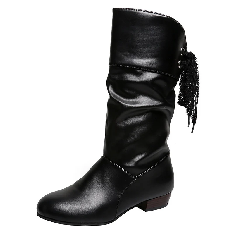 Damen Wadenhohe Slouch‑Stiefel mit dekorativem Satinschnürband und niedrigem Blockabsatz Drune